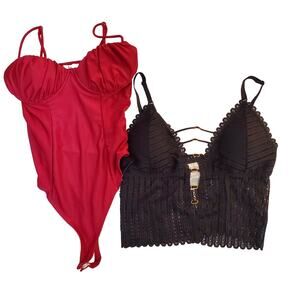 Body Suit Bundle - Black Mesh Bustier Top and Red Corset Tank Lingerie Sz M